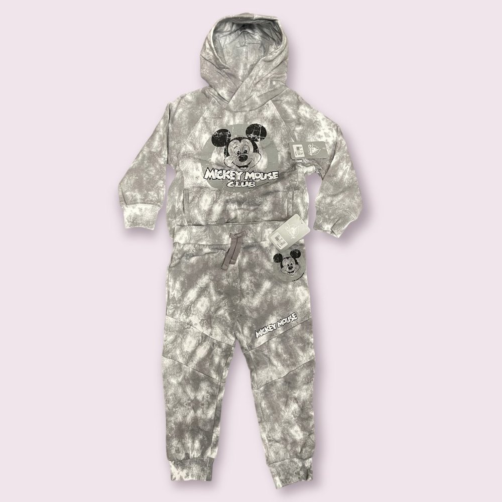 Disney Mickey Mouse Hoodie and Sweat Pant Set, Distressed Logo - Gray Tie Dye